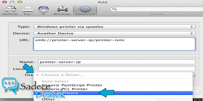 Yeosemite ye windows print server'dan printer ekleme